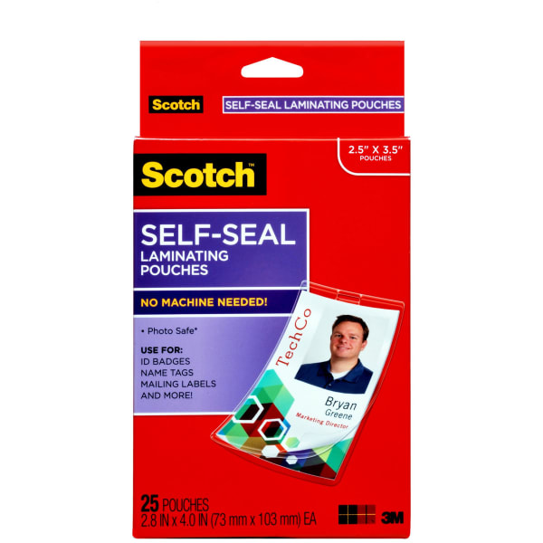 3M Scotch Self-Laminating Pouches, For Clip Style ID Badges, 4 1/16in x 2 5/16in, Box Of 25