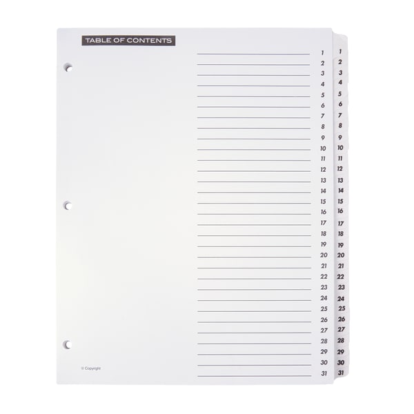 Office Depot Brand Table Of Contents Customizable Index With Preprinted Tabs, White, Numbered 1-31