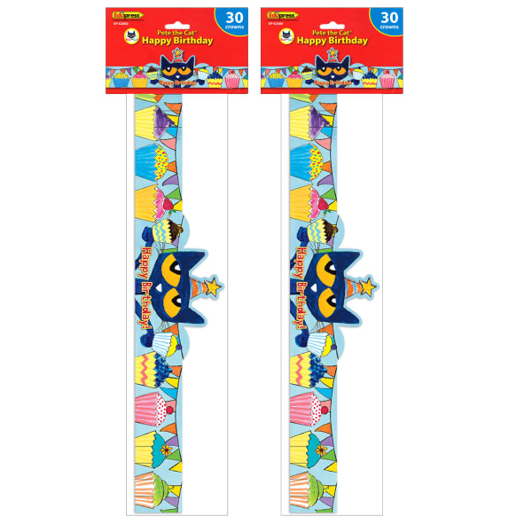 Teacher Created Resources Pete The Cat Happy Birthday Crowns, 24in x 4-3/4in, Multicolor, 30 Crowns Per Pack, Set Of 2 Packs