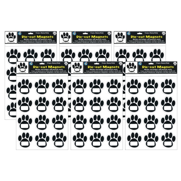 Ashley Productions Die-Cut Magnets, Black Paw Prints, 11in x 8-1/2in, 12 Magnets Per Pack, Set Of 6 Packs