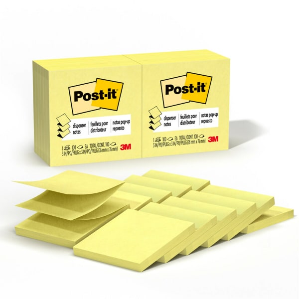 Post-it Pop Up Notes, 12 Pads, 3 in x 3 in, Clean Removal, School Supplies and Office Products, Sticky Notes for Vertical Surfaces, Monitors, Walls and Windows, Canary Yellow