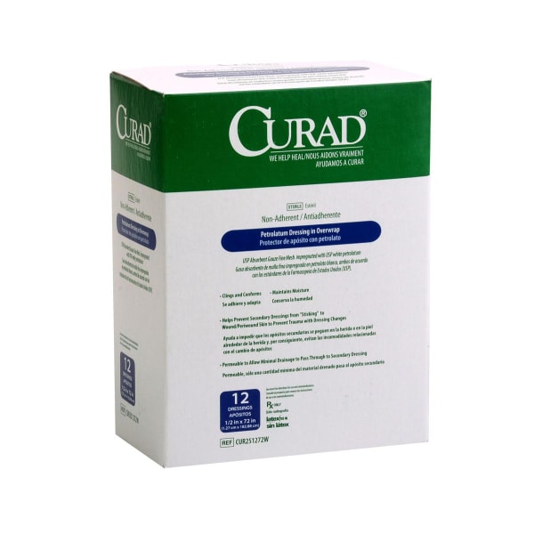 CURAD Sterile Overwrap Petrolatum Gauze, 1/2in x 72in, White, Pack Of 72