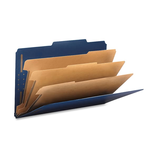 Smead Classification Folders, Top-Tab With SafeSHIELD Coated Fasteners, 3 Dividers, 3in Expansion, Legal Size, 50% Recycled, Dark Blue, Box Of 10