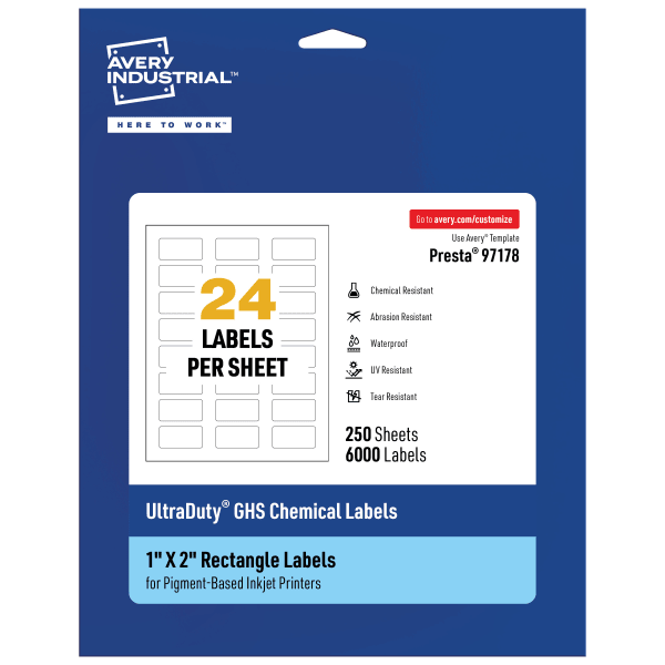 Avery Ultra Duty Permanent GHS Chemical Labels, 97178-WMUI250, Rectangle, 1in x 2in, White, Pack Of 6,000