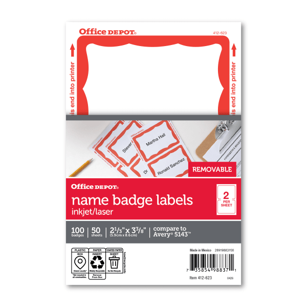 Office Depot Brand Name Badge Labels, 2 11/32in x 3 3/8in, Red Border, Pack Of 100