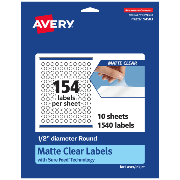 Avery Permanent Labels With Sure Feed, 94503-CMF10, Round, 1/2in, Matte Clear, Pack Of 1,540