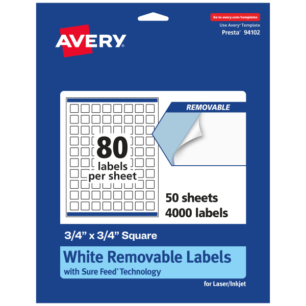 Avery Removable Labels With Sure Feed, 94102-RMP50, Square, 3/4in x 3/4in, White, Pack Of 4,000 Labels
