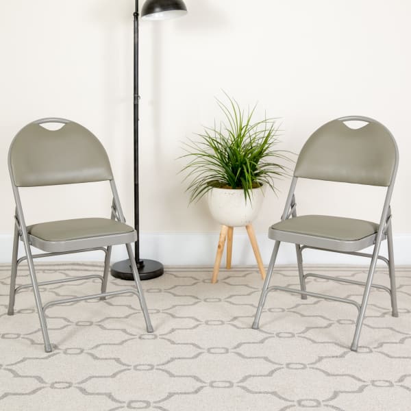 Flash Furniture HERCULES Series Extra-Large Ultra-Premium Triple-Braced Metal/Vinyl Folding Chairs With Easy-Carry Handles, Gray, Pack Of 2 Chairs