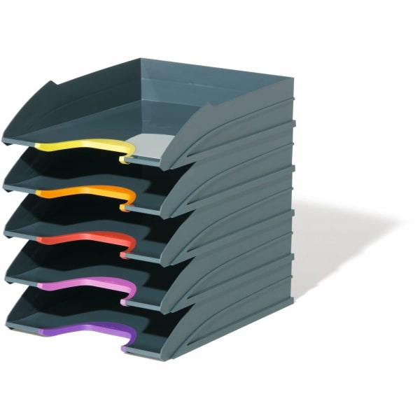 DURABLE VARICOLOR Stackable 5 Letter Trays - 10-1/2in W x 13-1/4in H x 13-1/4in HD- Color Labeled - Multi / Charcoal - Set of 5