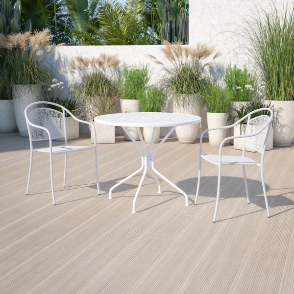 Flash Furniture Oia Commercial Grade 35-1/4in Round Indoor-Outdoor Steel Patio Table With Umbrella Hole, 28-3/4inH x 35-1/4inW x 35-1/4inD, White