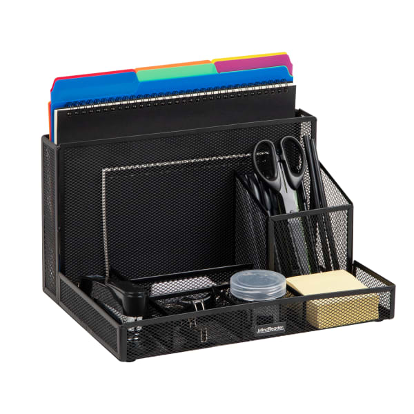 Mind Reader Metal Desktop Organizer With Office Supplies, 7inH x 9inW x 11-1/2inD, Black