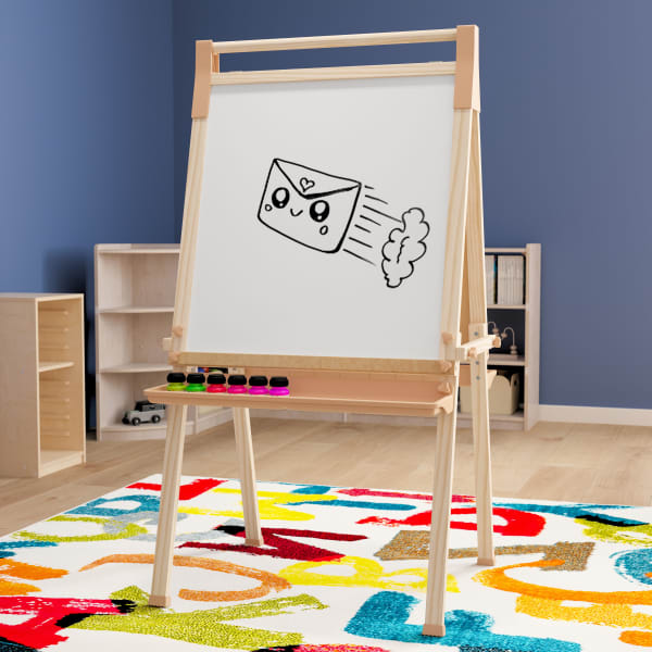 Flash Furniture Bright Beginnings Commercial Classroom Wood Freestanding Art Easel with Chalk Board, Dry-Erase Board, 2 Trays, Paper Roller And Paper Tear Bar, 49inH x 28-1/2inW x 25-3/4inD, Beech