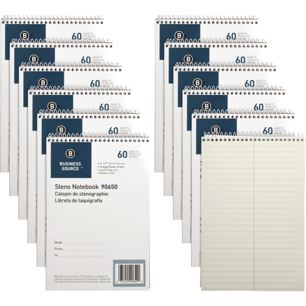 Business Source Steno Notebooks - 60 Sheets - Coilock - Gregg Ruled Front Ruling - 6in x 9in Sheet Size - Green Tint Paper - Stiff-back, Sturdy - 12 / Pack