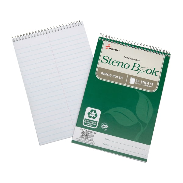 SKILCRAFT 100% Recycled Steno Books, 6in x 9in, Gregg Ruled, 60 Sheets, Green, Pack Of 6 (AbilityOne 7530-01-600-2029)