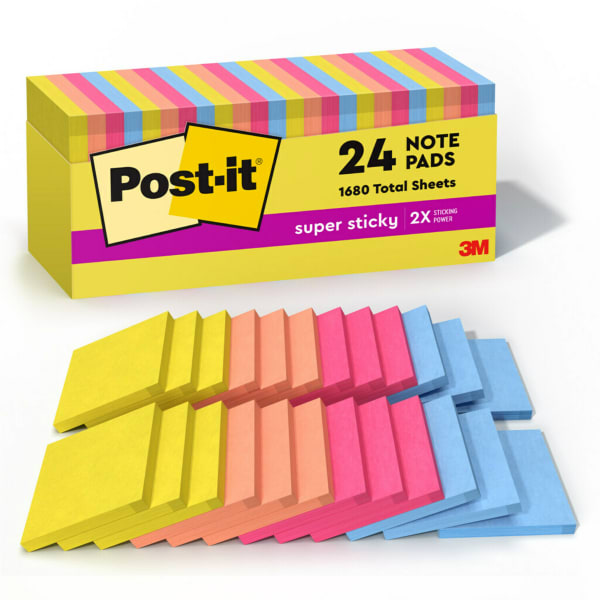 Post-it Super Sticky Notes, 24 Pads, 3 in x 3 in, 2x the Sticking Power, School Supplies and Office Products, Sticky Notes for Vertical Surfaces, Monitors, Walls and Windows, Summer Joy Collection