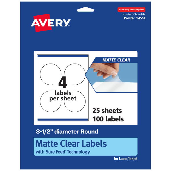 Avery Permanent Labels With Sure Feed, 94514-CMF25, Round, 3-1/2in, Matte Clear, Pack Of 100