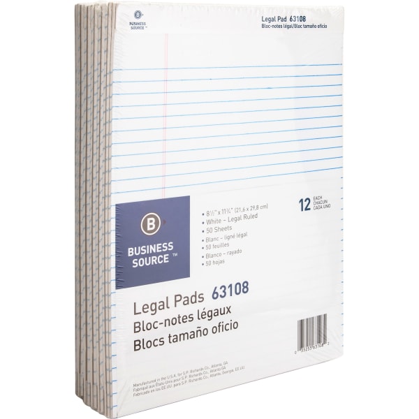 Business Source Micro-Perforated Legal Ruled Pads - 50 Sheets - 0.34in Ruled - 16 lb Basis Weight - 8 1/2in x 11 3/4in Sheet Size - White Paper - Micro Perforated, Easy Tear, Sturdy Back - 1 Dozen