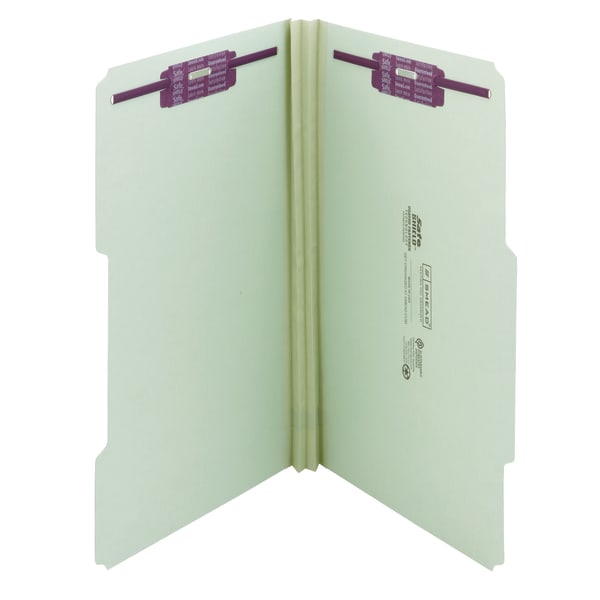 Smead Guide Height Pressboard Folders With SafeSHIELD Fasteners, 2/5 Cut, Legal Size, 2in Expansion, Gray/Green, Box Of 25