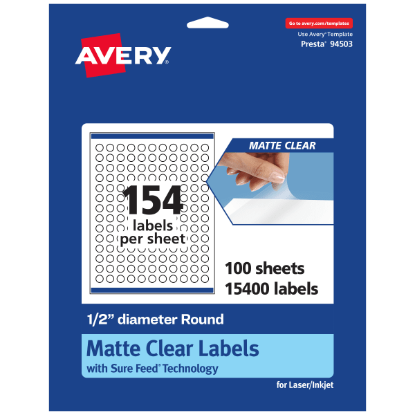 Avery Permanent Labels With Sure Feed, 94503-CMF100, Round, 1/2in, Matte Clear, Pack Of 15,400