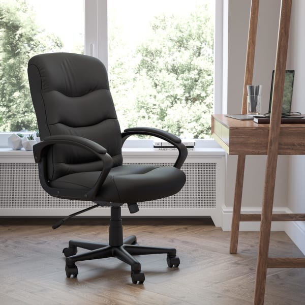 Flash Furniture LeatherSoft Faux Leather Mid-Back Swivel Task Chair With 24 1/2in Back Cushion, Black