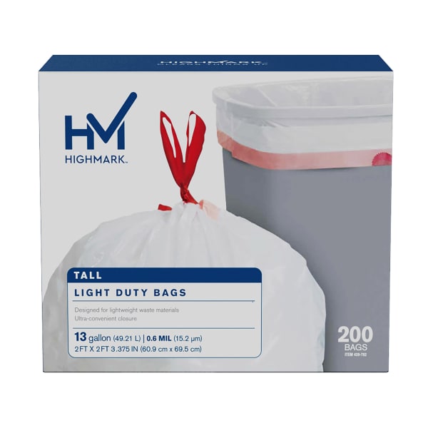 Highmark Tall 0.6 mil Drawstring Kitchen Trash Bags, 13 Gallon, 27.375in x 24in, White, Box Of 200
