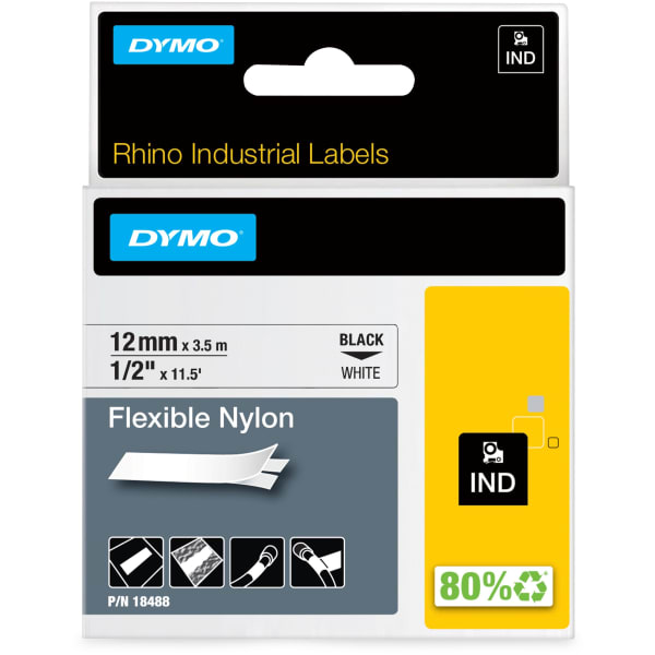 DYMO Rhino 18488 Black-On-White Tape, 0.5in x 11.5ft