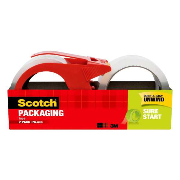 Scotch Sure Start Shipping Tape With Dispenser, 1-7/8in x 38.2 Yd., Clear, Pack Of 2 Tapes