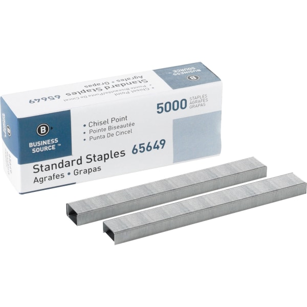 Business Source Standard Staples - 210 Per Strip - 1/4in Leg - 1/2in Crown - Holds 30 Sheet(s) - Chisel Point - Silver - 5000 / Box