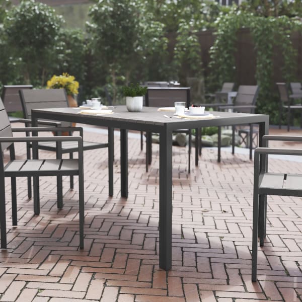 Flash Furniture Finch Commercial-Grade Faux Teak Poly/Metal Outdoor Furniture Dining Table, 28-3/4inH x 31-1/2inW x 55inD, Gray