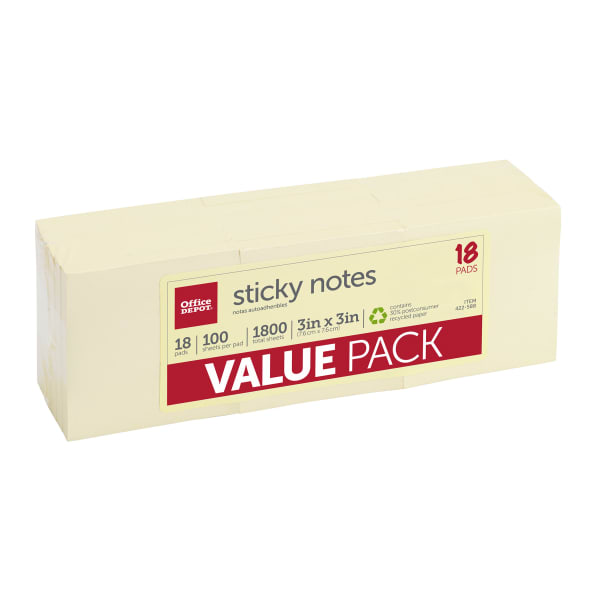 Office Depot Brand Sticky Notes Value Pack, 30% Recycled, 3in x 3in, Yellow, 100 Sheets Per Pad, Pack Of 18 Pads