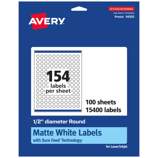 Avery Permanent Labels With Sure Feed, 94503-WMP100, Round, 1/2in Diameter, White, Pack Of 15,400
