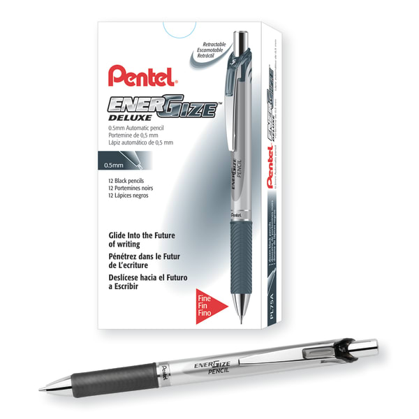 Pentel EnerGize Mechanical Pencil, 0.5mm, #2 Lead, Black/Silver Barrel, Pack Of 12