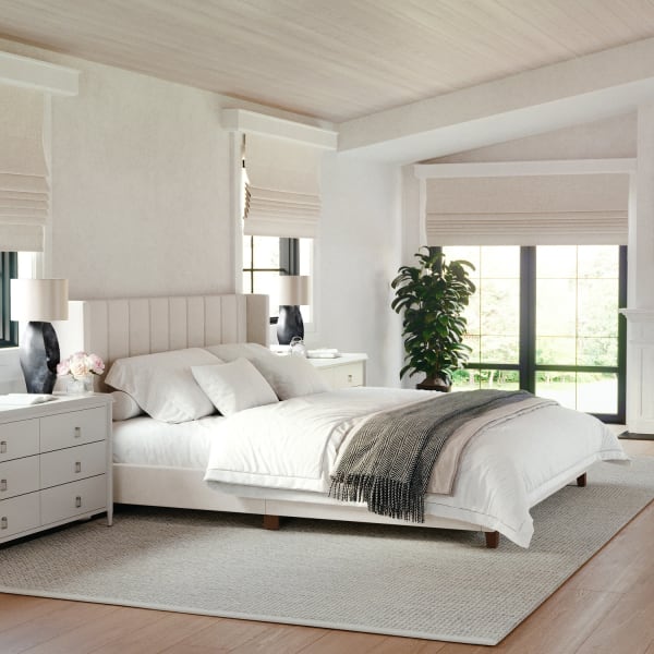 Martha Stewart Kay Upholstered Platform Bed with Channel Stitched Wingback Headboard and Cushioned Siderails, Wood Slat Foundation, No Box Spring Needed, Beige Fabric/Walnut Legs, King