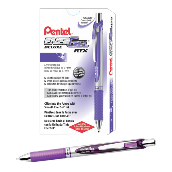 Pentel EnerGel Retractable Liquid Gel Pens, Medium Point, 0.7 mm, Silver Barrel, Violet Ink, Pack Of 12