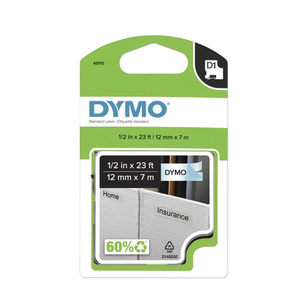 DYMO 45110 Black-On-Clear Tape, 0.5in x 23ft