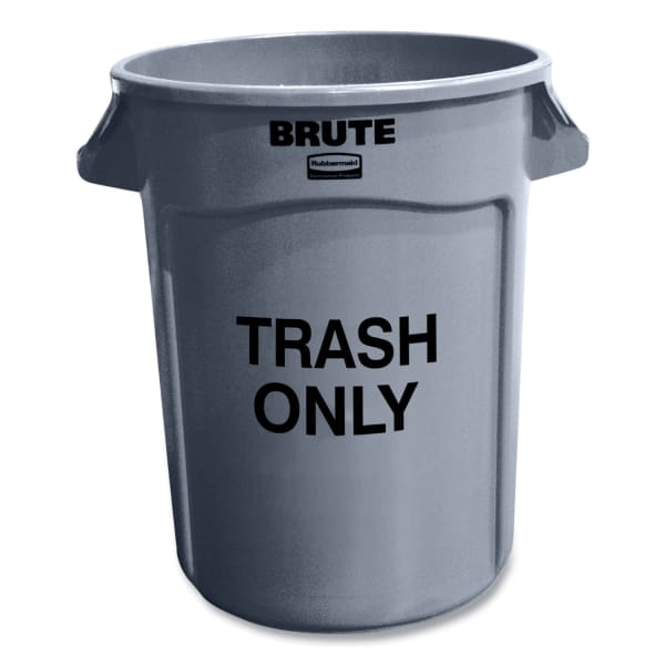 Rubbermaid Commercial Vented Round Brute Container, "Trash Only" Imprint, 32 gal, Plastic, Gray