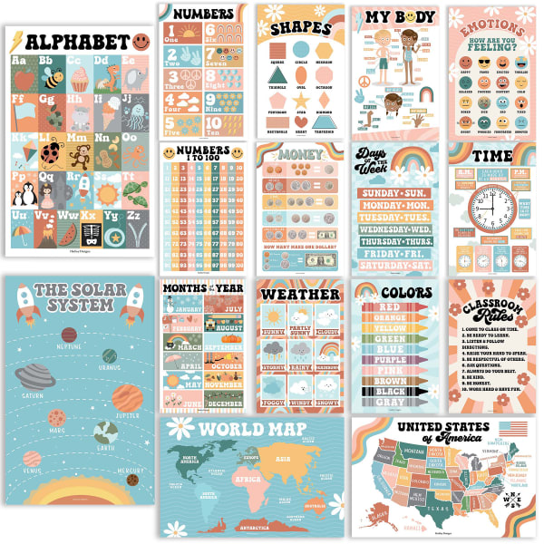 Hadley Designs Laminated Posters, Retro Boho Preschool Educational For Toddlers, Set Of 16