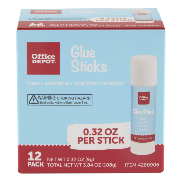 Office Depot Brand Glue Sticks, 0.32 Oz, Clear, Pack Of 12 Glue Sticks