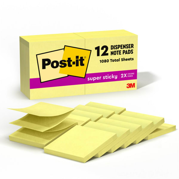 Post-it Super Sticky Pop Up Notes, 12 Pads, 3 in x 3 in, 2x the Sticking Power, School Supplies and Office Products, Sticky Notes for Vertical Surfaces, Monitors, Walls and Windows, Canary Yellow