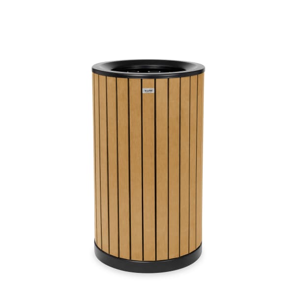 Alpine Slatted Recycled Plastic Panel Round Outdoor Trash Can, 32 Gallon, 33-7/8inH x 20inW x 20D, Cedar