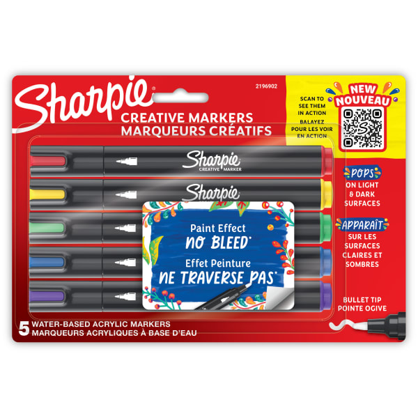 Sharpie Creative Water-Based Acrylic Markers, Bullet Tip, Assorted Colors, Pack Of 5 Markers