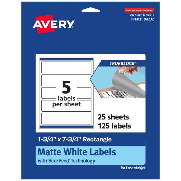 Avery Print-To-The-Edge TrueBlock Labels With Sure Feed, 94232-TWMP25, Rectangle, 1-3/4in x 7-3/4in, Matte White, Pack Of 125