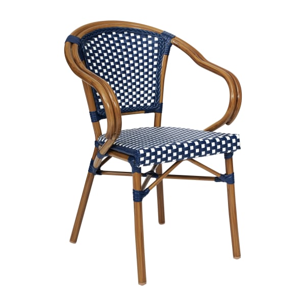Flash Furniture Bordeaux Indoor/Outdoor Commercial Bistro Stacking Chair with Arms, PE Rattan and Bamboo Print Aluminum Frame, Navy & White/Natural Frame
