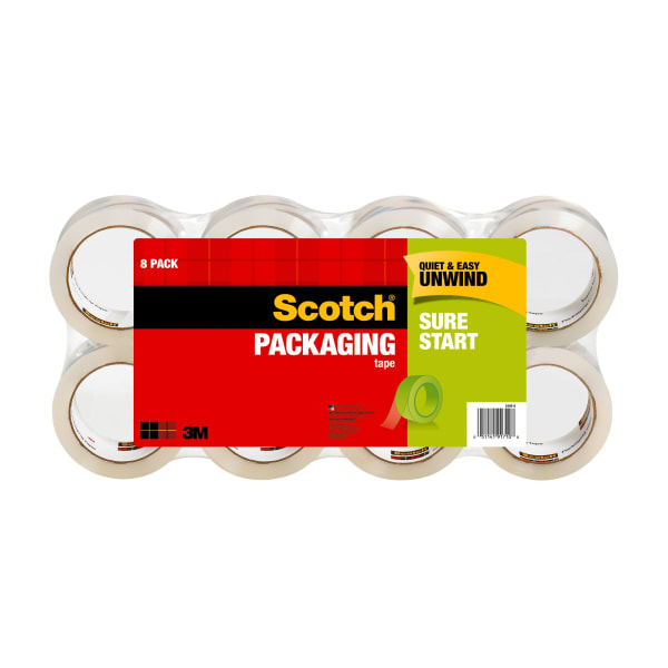 Scotch Sure Start Shipping Tape, 8 Tape Rolls, 1 7/8 in x 54.6 yd, 3in Core, Designed for Packing, Shipping and Mailing, Quiet Unwind, No Splitting or Tearing, Clear