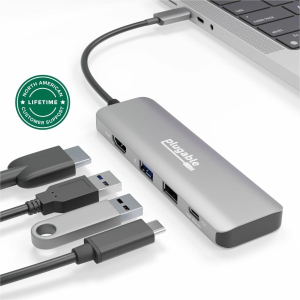 Plugable USB C Hub Multiport Adapter, 4 in 1, 100W Pass Through Charging USB C to HDMI 4K 60Hz - Multi USB Port Hub for Windows, Mac, Ipad Pro, Chromebook, Thunderbolt (USBC-4IN1)