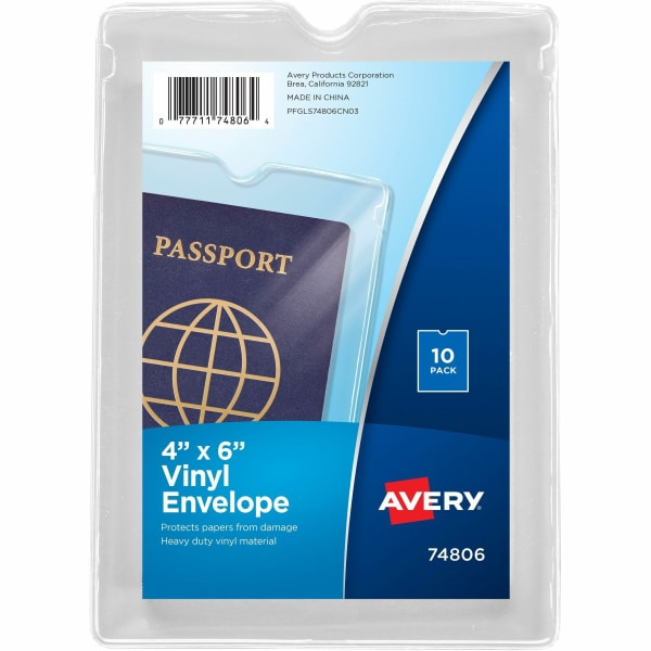 Avery Vinyl File Envelopes, Passbook/Passport Holder, Holds Up To 30 Sheets, 4in x 6in, Clear, 10 Vinyl Envelopes