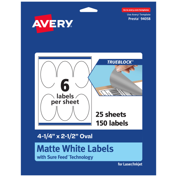 Avery TrueBlock Labels With Sure Feed, 94058-TWMP25, Oval, 4-1/4in x 2-1/2in, Matte White, Pack Of 150