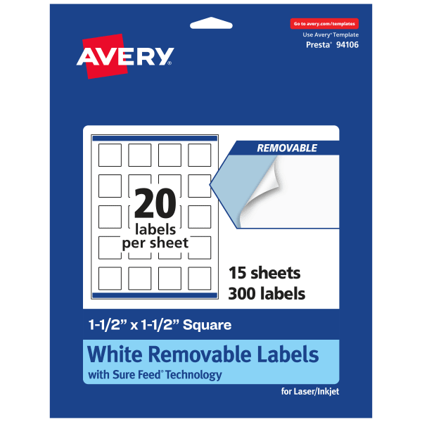 Avery Removable Labels With Sure Feed, 94106-RMP15, Square, 1-1/2in x 1-1/2in, White, Pack Of 300 Labels