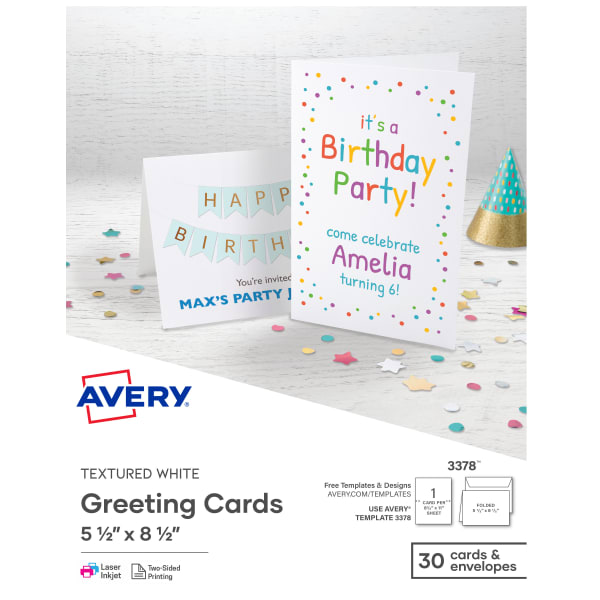 Avery Half-Fold Textured Printable Greeting Cards, 5.5in x 8.5in, White, 30 Blank Cards With Envelopes