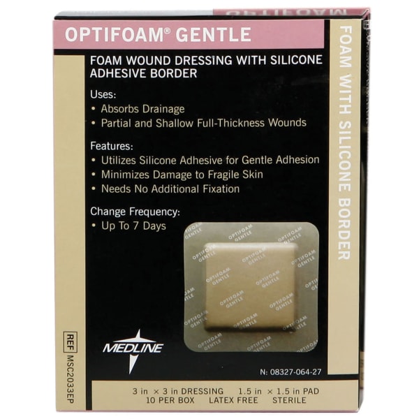Optifoam Gentle Border Adhesive Dressings, 3in x 3in, Tan, Box Of 10